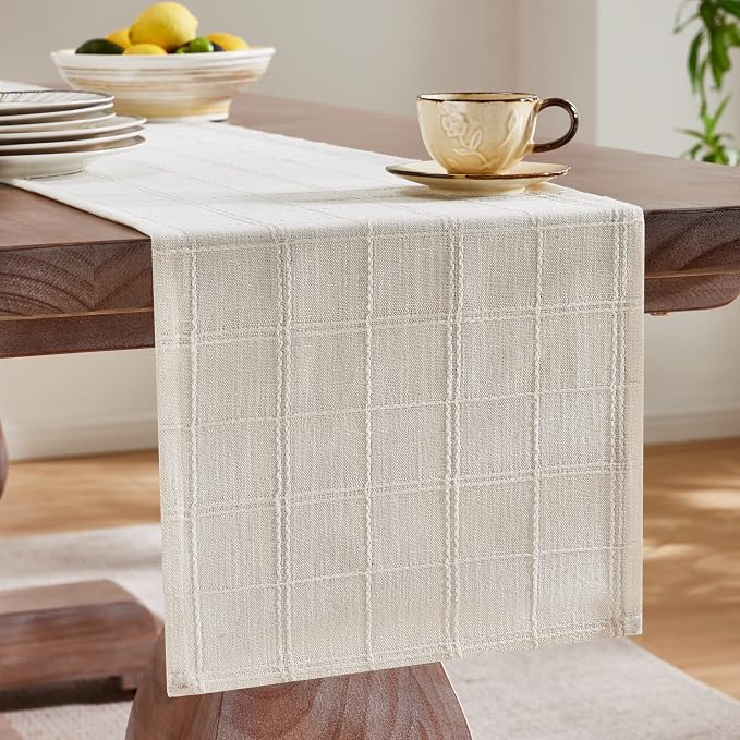 ZeeMart Linen Checked Farmhouse Table Runner, 13x90 Inches Ivory | Raised Grid Design, Rich Woven Texture, Linen Blend Table Runners 90 Inches Long, Machine Washable, Boho Home Kitchen Decor