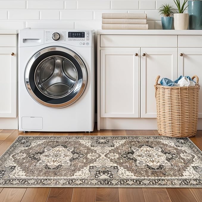 Washable Hallway 2x5 Rug Runner - Boho Vintage Kitchen Runners Stain Resistant Carpet Ultra Thin Soft Rugs for Living Room Bedroom Non-Slip Rubber Backing Floor Mat for Bathroom Entryway(Beige,2x5)