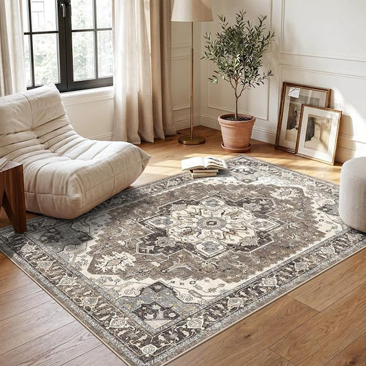 3x5 Washable Area Rug for Entryway: Non-Slip Kitchen Rugs with Rubber Backing for Living Room Vintage Low Pile Stain Resistant Carpet for Bedroom Soft Thin Floor Decor Mat for Dining Room (Beige,3x5)