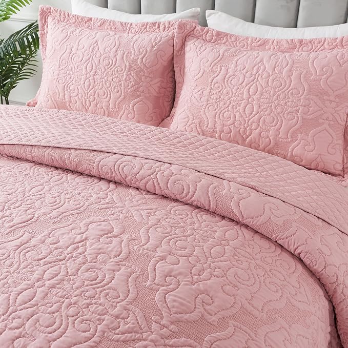 NEWLAKE Quilt Bedspread Set, Pink Jacquard Embossed Floral Pattern Reversible Embroidered Microfiber Coverlet Sets, Queen Size