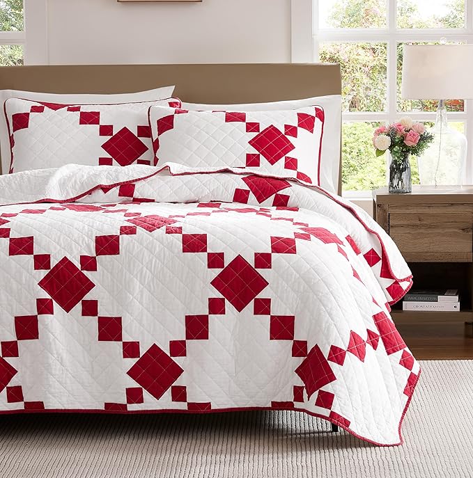 WDCOZY 100% Cotton Quilt California Cal King Size, Oversized Lightweight Reversible Gingham Patchwork Bedding Set with 2 Pillow Shams, Red Block Pattern Farmhouse Rustic Bedspread Coverlet All Season