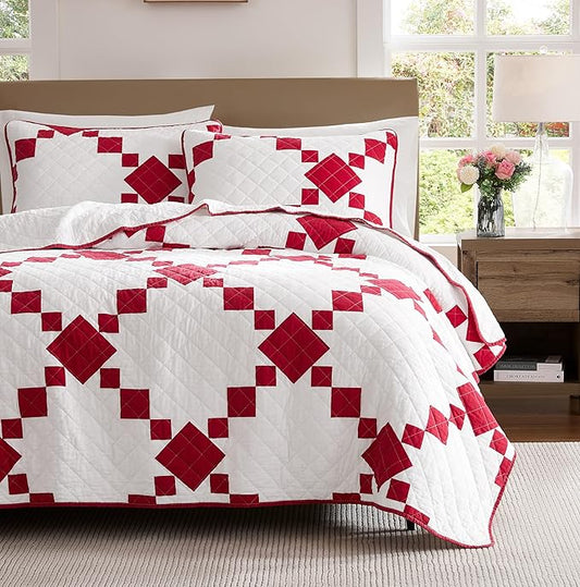 WDCOZY 100% Cotton Quilt California Cal King Size, Oversized Lightweight Reversible Gingham Patchwork Bedding Set with 2 Pillow Shams, Red Block Pattern Farmhouse Rustic Bedspread Coverlet All Season