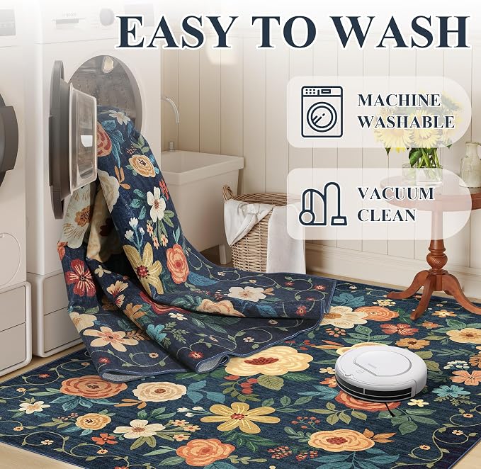 DUKINO 2x6 Runner Rug for Hallway Washable Kitchen Rugs Non Slip, Navy Blue | Low Pile, Soft, Floral Indoor Rug for Entryway, Bedroom, Laundry, Bathroom, Pet Friendly, Lightweight, Modern Home Decor