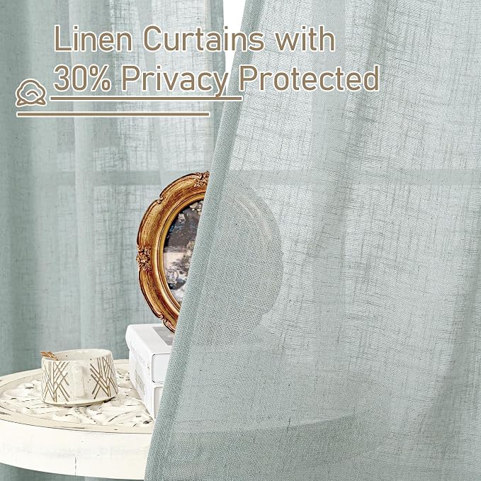 48 Inch Greyish Blue Semi Sheer Linen Curtains for Bedroom 2 Panels | Light Filtering Window Panels, Linen Textured, Farmhouse Boho, Drapes for Dining Room, Windows, Bronze Grommet, 52 x 48 Inch