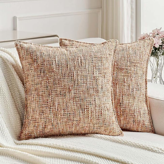 FUTEI Pack of 2 Chenille Tweed Vintage Throw Pillow Covers 22x22 Inch Soft Decorative Cushion Case Modern Farmhouse Accent for Couch Bed Living Room, Rust