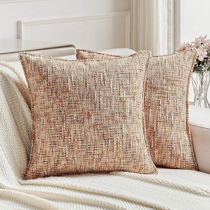 FUTEI Pack of 2 Chenille Tweed Vintage Throw Pillow Covers 26x26 Inch Soft Decorative Euro Pillow Shams Modern Farmhouse Accent for Couch Bed Living Room, Rust