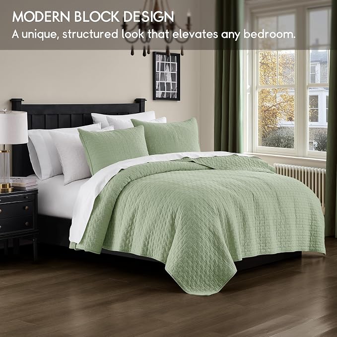 palassio Sage Green 100% Cotton Quilt Twin Size Bedding Sets with 1 Pillow Sham, Textured Lightweight Soft Bedspread Shabby Chic Coverlet, Quilted Thin Comforter Bed Cover for All Season, 2 Pieces