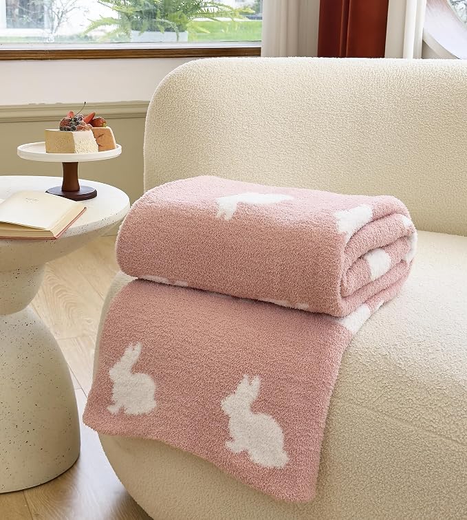 Ultra Soft Cozy Happy Easter Rabbits Knitted Throw Blanket Fluffy Microfiber Checkerboard Bed Blanket Lightweight Both Sides Blanket for Couch Sofa Bed… (Rabbit Pink, Throw 50“x60”)