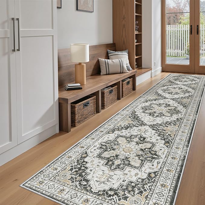 Madane Hallway Runner Rug 2'6''x12' Kitchen Runners Vintage, Black | Non-Slip Washable Rugs 12ft for Laundry Room, Entryway and Bedroom, Soft Low Pile Stain-Resistant Wide 2.5x12 Ft Floor Carpet