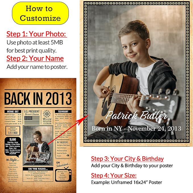 Back in 2013 Poster Sign, Personalized Birthday Gifts Idea, Custom 2013 Historical Birthday Newspaper, Born in 2013 Birthday Party Decorations, Fun Fact for the Day You Were Born, Decor Art Print