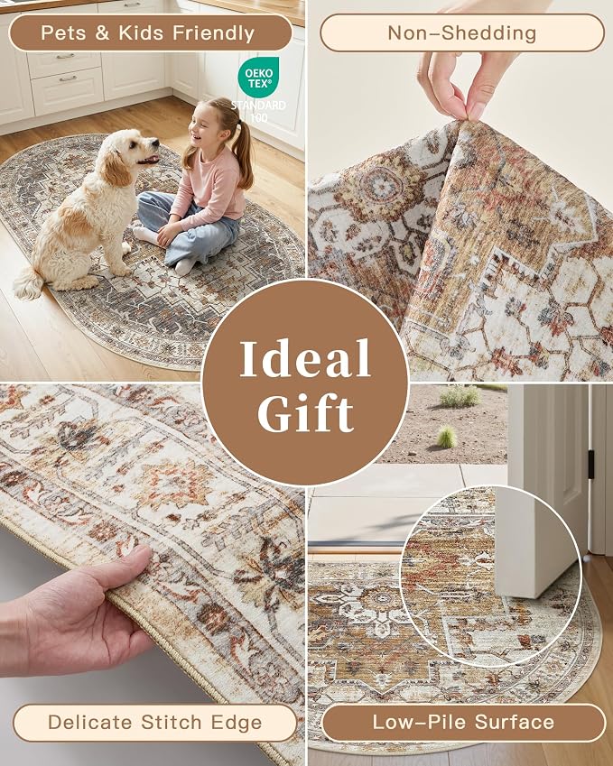 Madane Washable Oval Rug 3x5 for Entryway Small Area Rugs, Turmeric/Grey | Vintage Entryway Bedroom Non Slip Door Mat Indoor Entrance, Kitchen Runner Living Room Laundry Playroom Soft Floor Carpets
