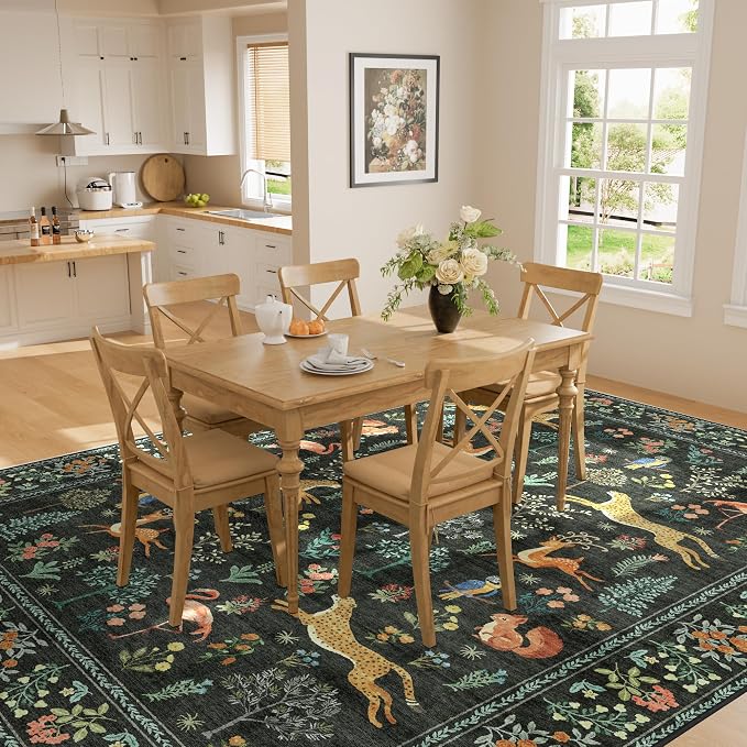 DUKINO 9x12 Area Rug for Living Room, Washable Animal Rug Non Slip, Black | Low Pile, Non-Shedding, Soft Indoor Large Carpet for Bedroom, Dining Room, Kids PlayRoom,Nursery, Farmhourse, Pet Friendly