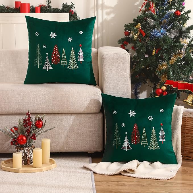 Christmas Throw Pillow Covers 18x18 Set of 2 Xmas Trees with Snowflake Embroidery Pillow Covers Christmas Dec Velvet Pillowcases Forest Green Cushion Pillow Cases Soft Square Holiday Pillowcase