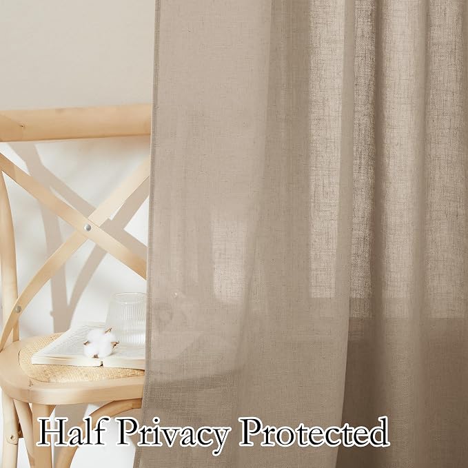 RYB HOME Linen Sheer Curtains for Living Room, Boho Classic Linen Blend Elegant Light Filtering Privacy Protected Panels for Bedroom Gym Room, Khaki, 52" W x 108" L, 2 Panels