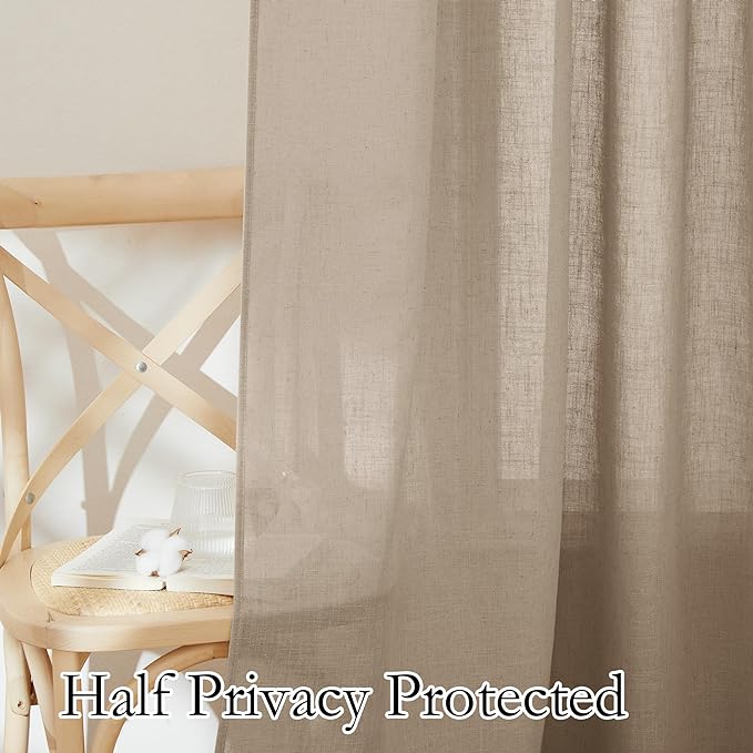 RYB HOME Linen Kitchen Curtains 63 inch Length for Living Room Bedroom, Privacy Protection Light Filtering Decorative Natural 2 Panels Set Farmhouse Boho, Khaki, W 34 x L 63 inches