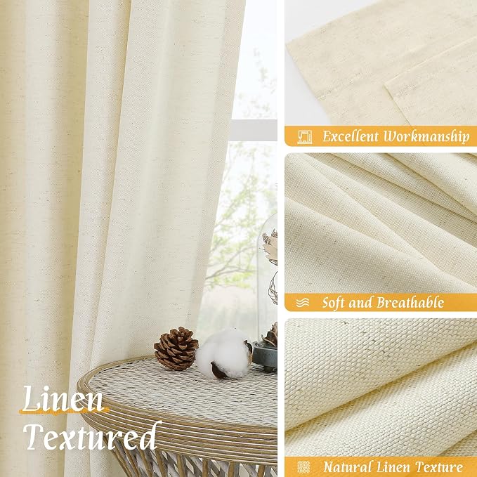 Linen Curtains 72 inches Long for Living Room, Light Beige, 2 Panels | Light Filtering, Semi Sheer, Privacy Protected, Window Treatments, Neutral Drapes for Bedroom, Rod Pocket, 52 x 72 Inch