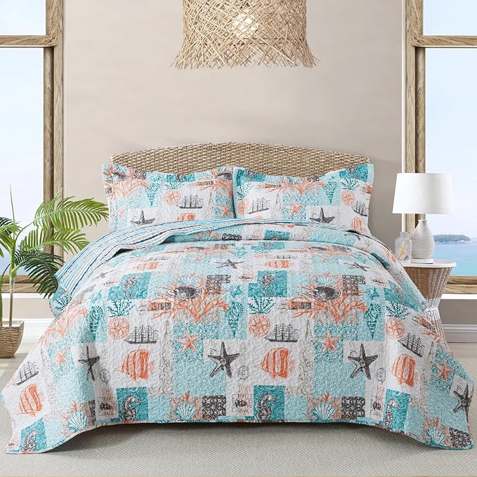 NEWLAKE Quilt Bedspread Sets - West Coastal Pattern Reversible Coverlet Set, Queen Size