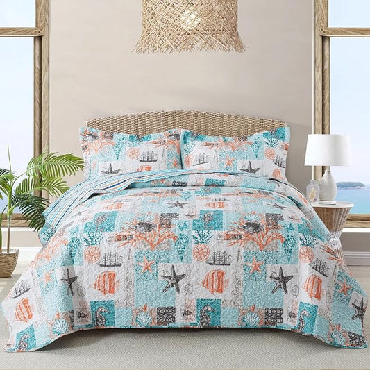 NEWLAKE Quilt Bedspread Sets - West Coastal Pattern Reversible Coverlet Set, Queen Size