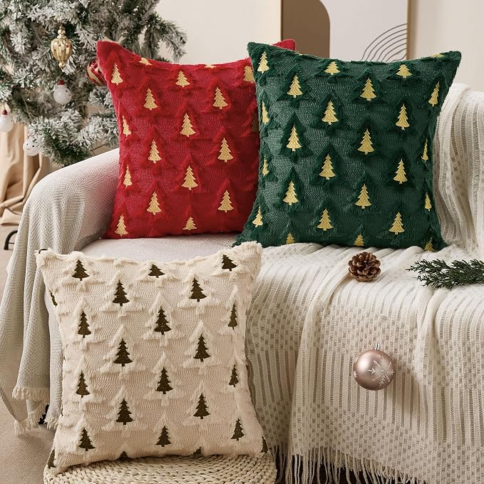 Allorry Christmas Pillow Covers 18x18 Set of 2 Beige Brown Xmas Tree Pillow Covers Soft Plush Faux Fur Christmas Decorations for Xmas Winter Holiday Home Bedroom Sofa Cushion Cases PT-008D18