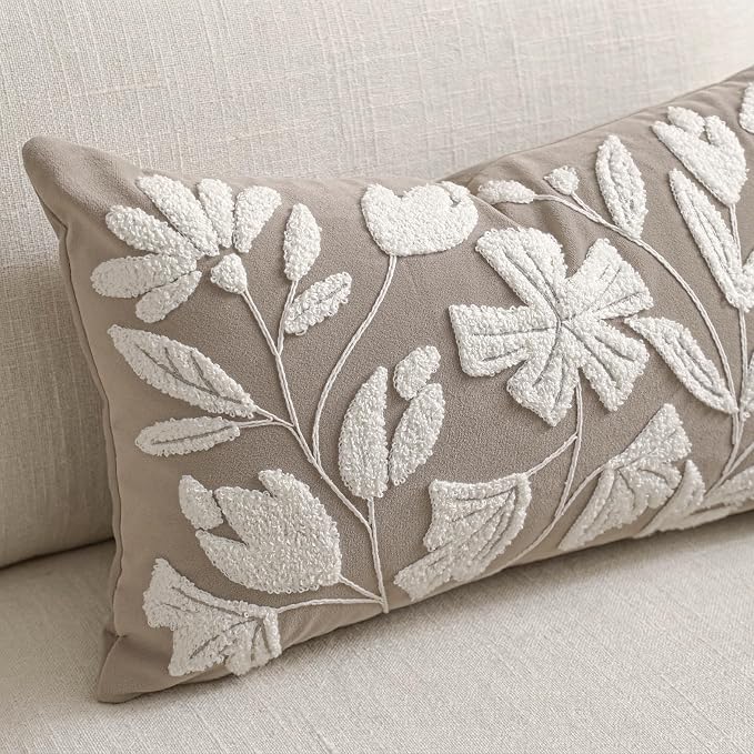 BlissBlush Decorative Lumbar Pillow Cover 12x20, Light Taupe Accent Velvet Throw Pillowcase for Couch Sofa Living Room, Floral Tufted Rectangular Cushion, Cover Only