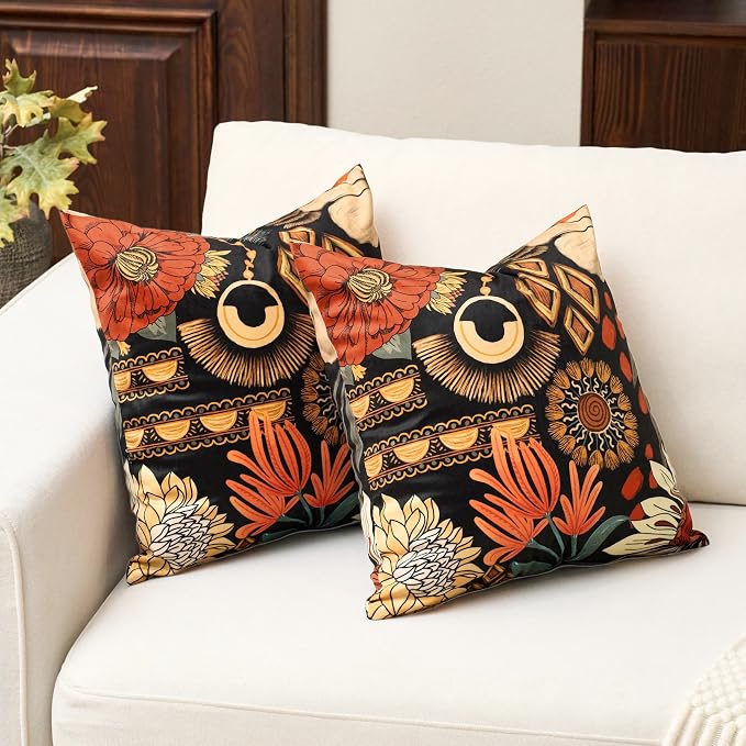 Tyrot Black Boho Floral Fall Velvet Throw Pillow Covers 18x18 Set of 2 Farmhouse Cushion Covers Mid Century Modern Botanical Home Decor Accent Pillow Cases for Couch Bed Sofa Living Room, Bedroom
