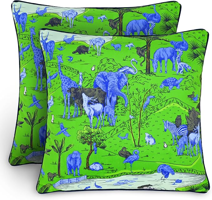 Balios Velvet Pillow Covers Cases 18 x 18 Inch, Set of 2, Double-Layered Decorative Cushion Covers 45 x 45 cm for Sofa Couch Bedroom Living Room, Animal Kingdom Multicoloured Green