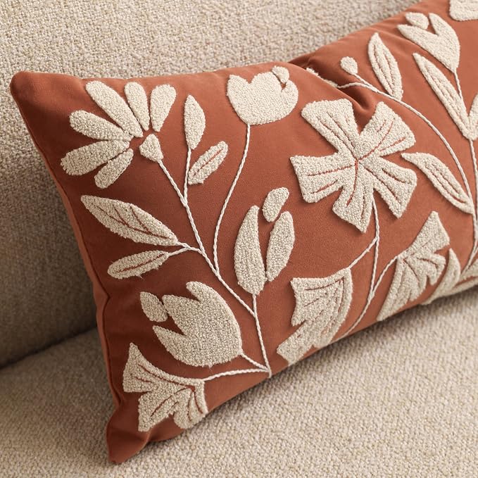 BlissBlush Lumbar Pillow Cover 12x20 Inch, Rust Terracotta Floral Tufted Velvet Decorative Accent Pillow Case for Sofa Bed Living Room, Cover Only