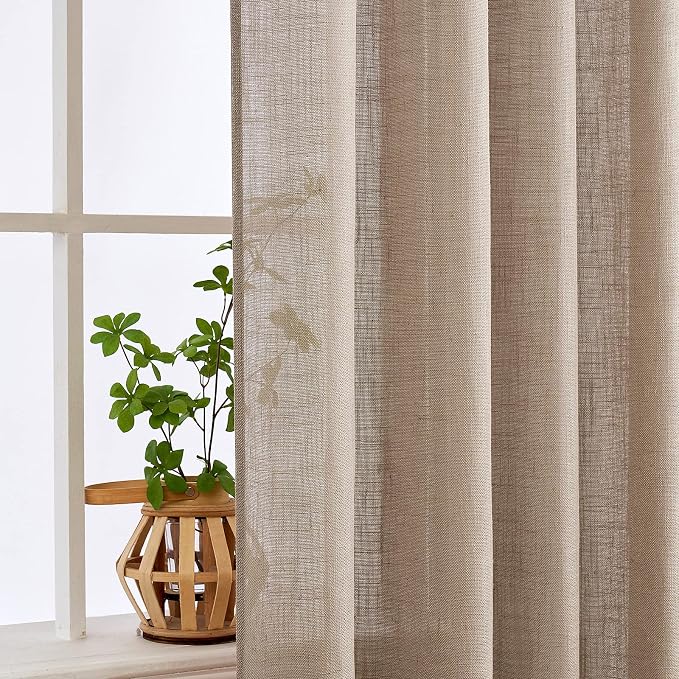 MIULEE Taupe Linen Curtains 42x63 Inch Length 2 Panels for Bedroom | Window Drapes for Living Room, Soft Thick Linen Textured, Semi Sheer Light Filtering, Back Tab Rod Pocket, Burlap Look Decor