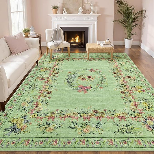 Joydeco Bow Floral 9x12 Rugs for Bedroom Living Room, Large Sage Green Washable Area Rug for Playroom Dining Room, Boho Non Slip Indoor Throw Carpet for Nursery Office Dorm Classroom, Green
