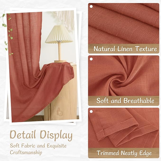 Terracotta Semi Sheer Linen Curtains 54 Inch Length 2 Panels | Light Filtering Bedroom Curtains, Rustic Fall Decor, Drapes for Living Room, Windows, Back Tab Rod Pocket, 34 x 54 Inch