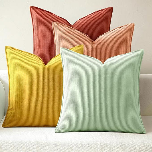 Pack of 4 Throw Pillow Covers Corduroy 18x18 Inch,Orange Teal | Decorative Velvet Couch,Summer Cases Square,Farmhouse Boho Cushion Covers for Sofa Bed Living Room Home Decor & Office