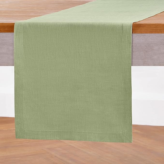 Solino Home 100% Pure Linen Table Runner Olive Woven, Athena 14 x 36 in | brings a tailored look to family meals and hosting, European flax fibres, low iron finish, Chambray Olive, OEKO-TEX Certified