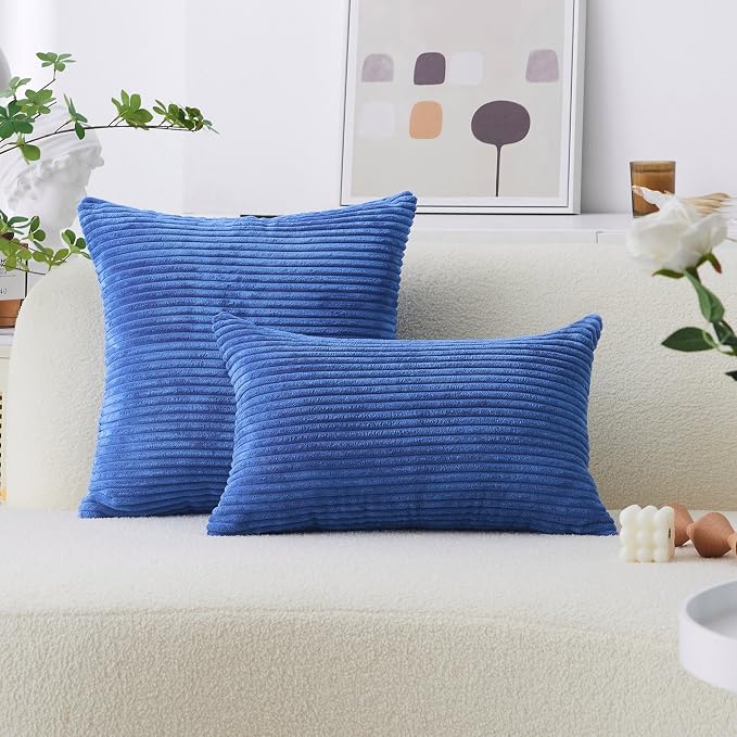 Home Brilliant Throw Pillow Covers Decorative Soft Velvet Corduroy Striped Set of 2 Square Cushion Cover for Couch Bench, 18 x 18 inch, Blue