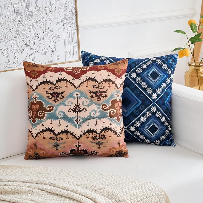 Couch Bohemian Patterned Throw Pillow Covers 20X20 Inch Set of 4 Square Farmhouse Decorative Cushion Covers Boho Vintage Pillow Cases for Sofa Living Room Bedroom Outdoor Patio Porch