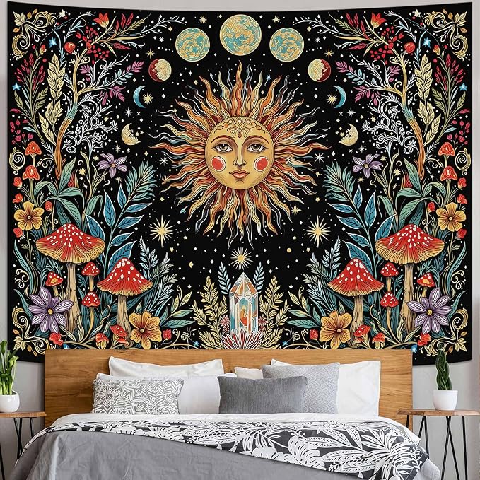 Accnicc Boho Sun and Moon Tapestry Hippie Mushroom Floral Wall Tapestry for Bedroom Aesthetic Vintage Plant Celestial Spiritual Large Tapestries Wall Hanging for Dorm Living Room Decor 80 x 60 Inch
