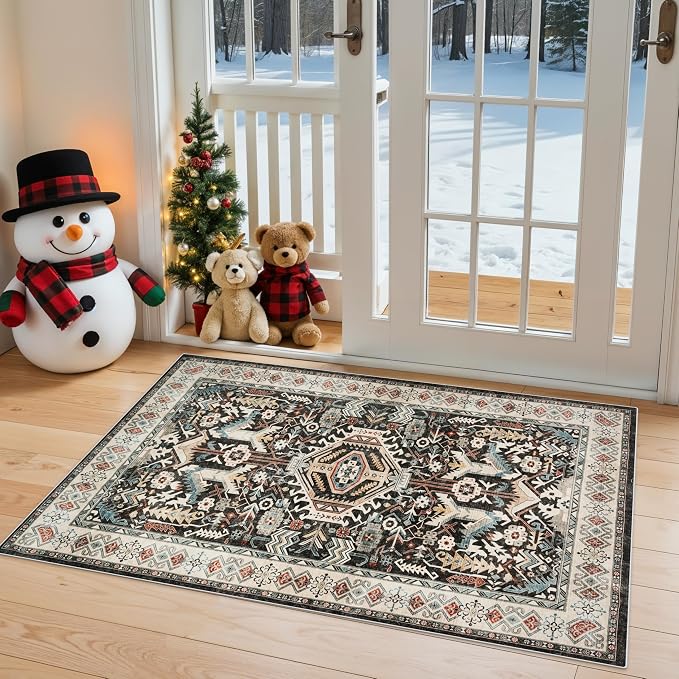 Entryway Washable Area Rug 2x3 - Small Doormat Vintage Distressed Rugs Oriental Non-Slip Stain Resistant Carpet Soft Thin Non-Shedding Indoor Floor Mat for Bedroom Bathroom Kitchen(Black,2x3)