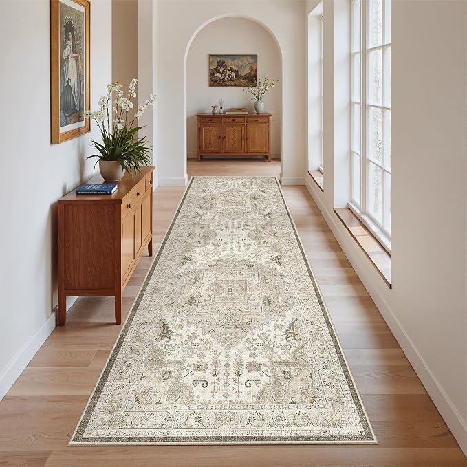 Madane Kitchen Runner 2'6''x8' Soft Rug Runners for Hallways, Ivory/Brown | Vintage Machine Washable Rugs 2.5x8 Ft, Non-Slip Low Pile Stain-Resistant 8ft Floor Carpet for Laundry Room, Corridor