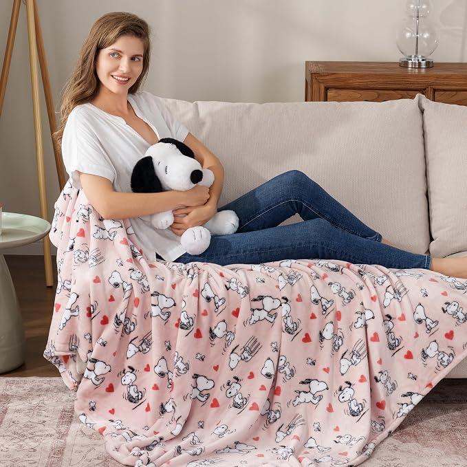 Berkshire Blanket Peanuts® VelvetLoft® Cute Character Snoopy Plush Throw Blanket,Peanuts Poses and Hearts Blush,Throw 55 in x 70 in (Official Peanuts® Product)
