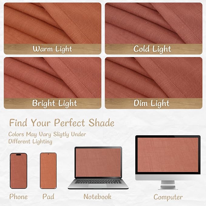 Terracotta Semi Sheer Linen Curtains 54 Inch Length 2 Panels | Light Filtering Bedroom Curtains, Rustic Fall Decor, Drapes for Living Room, Windows, Back Tab Rod Pocket, 34 x 54 Inch