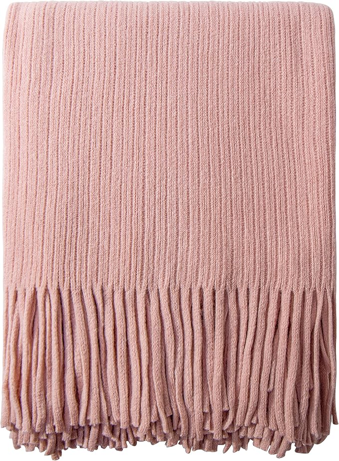 NTBAY Acrylic Knit Throw Blanket, 51 x 67, Light Pink Striped | Lightweight Acrylic Wave-Knit Throw with 7 Inch Tassels for Sofa, Bed, Reading, Travel, and Decorative Layering