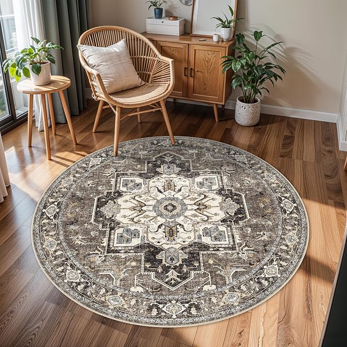 RUUGME Ultra-Thin Washable Round Rug: 4ft Vintage Circle Area Rugs for Living Room Bedroom Stain Resistant Carpet Non-Slip Backing Soft Low Pile Floor Mat for Dinning Room Entryway(Beige,4'Round)