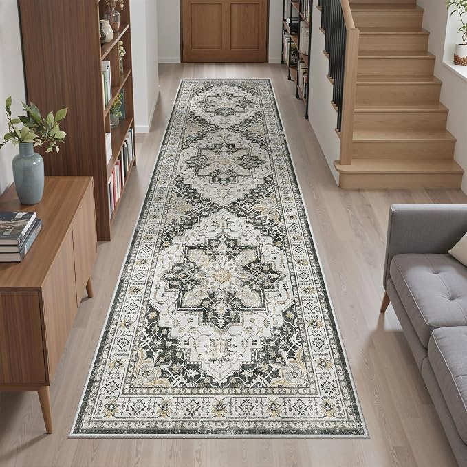 Madane Hallway Runner Rug 2x8 Washable Kitchen Rugs Non-Slip, Black | Vintage Machine Washable Low-Pile Floor Carpet 8ft, Soft Ultra-Thin Throw Entry Foyer Mat for Entrance Laundry Living Room