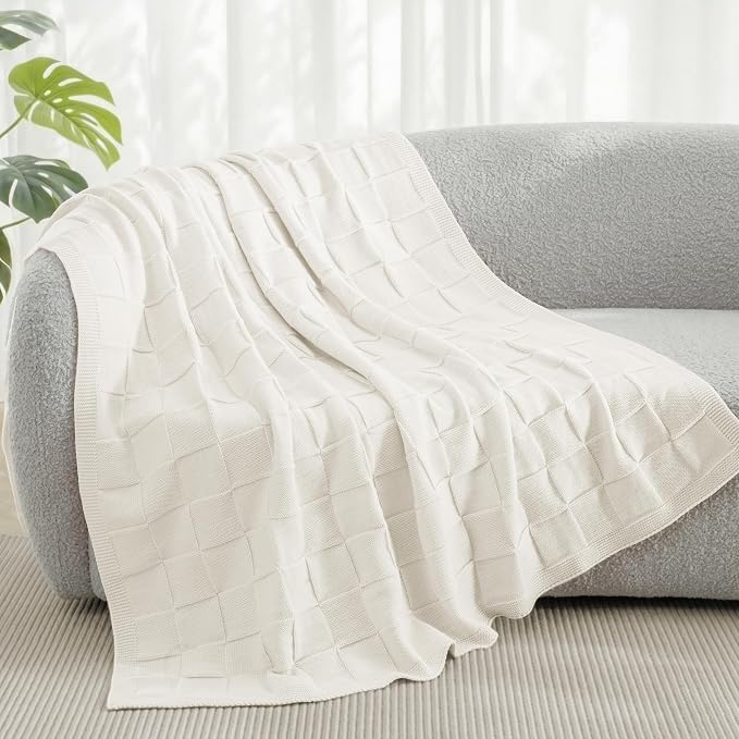 Whale Flotilla Checkered Knit Throw Blanket for Couch, Ivory | Soft Decorative Knitted Blankets for Couch Sofa Bed, Lightweight Cozy Throws for Spring Summer, 50x60 Inch