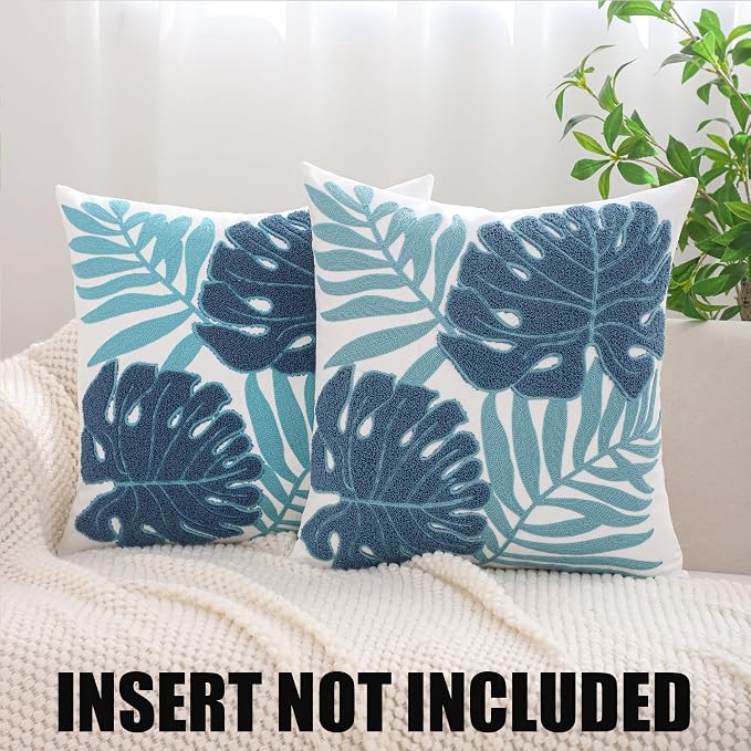 Embroidered Throw Pillow Covers 18x18 Pack of 2 Blue Botanical Leaf