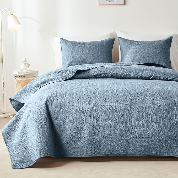 akkialla Dusty Blue Twin Quilt Set,Ultrasonic Lightweight Bedspread Coverlet for Modern Minimalist Bedroom,Soft Microfiber Coin Pattern Bedding,2-Piece (1 Quilt,1 Pillow Sham)