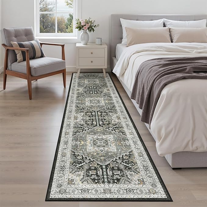 Madane Hallway Runner Rug 2x8 Washable Kitchen Rugs, Grey Green/Black Olive | Vintage Machine Washable Low-Pile Floor Carpet 8ft, Soft Non Slip Throw Entry Foyer Mat for Entrance Laundry Living Room