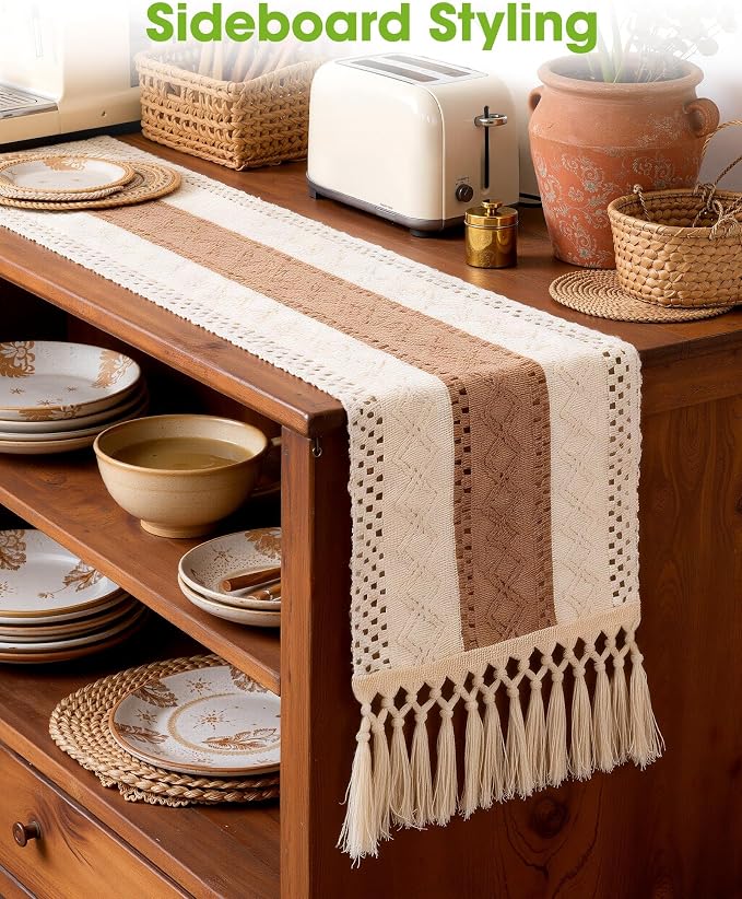 Pureegg Farmhouse Boho Table Runner 12 x 72 Inch, Brown | Dining Table Decor, Kitchen, Coffee Table, Linen Textured, Woven Tassel Table Runner