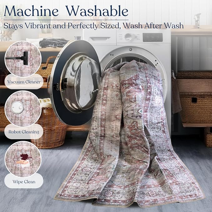 Machine Washable Area Rug, Soft & Durable, Non-Slip, Stain Resistant Rug for Bedroom, Living Room, Dining Room, High Traffic Areas, Eco- Friendly GRS Certified. (Pink/Beige, 2.5' X 7')