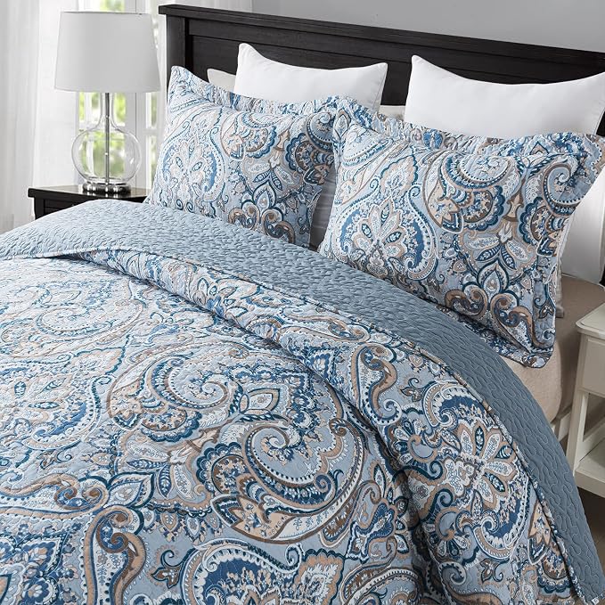 NEWLAKE Cotton Bedspread Quilt Sets-Reversible Patchwork Coverlet Set, European Grey Floral Pattern, King Size