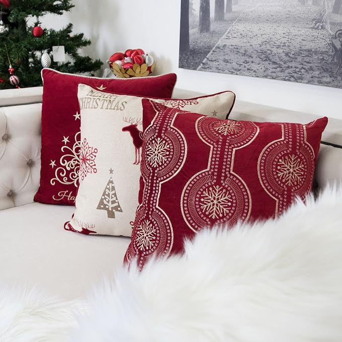 Embroidery Velvet Throw Pillow Cover, Merry Christmas Series Reindeer Tree Luxury Soft Fuzzy Cozy Warm Slik Decorative Gift Square Couch Cushion Pillow Case 20 x 20 Inch, Cover Only